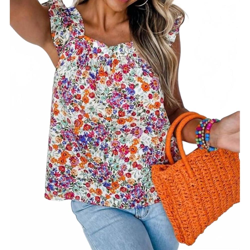 NEW LOVESOFT rose red floral square neck flutter tank top in pink